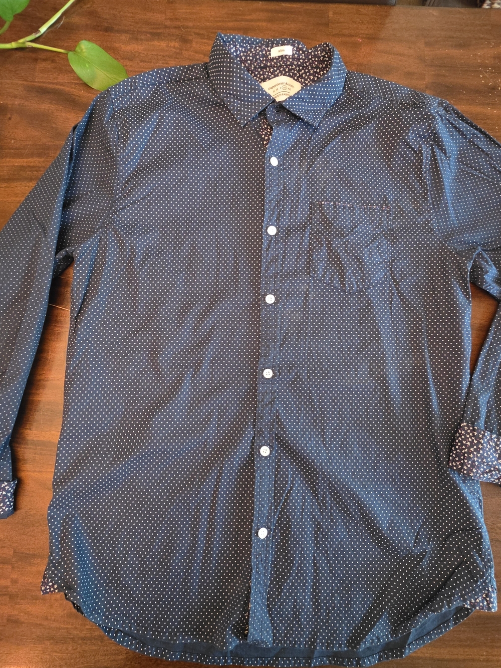 Paper Denim & Cloth Men's Slim Fit Long Sleeve Shirt Navy Blue Dot Stretch Size